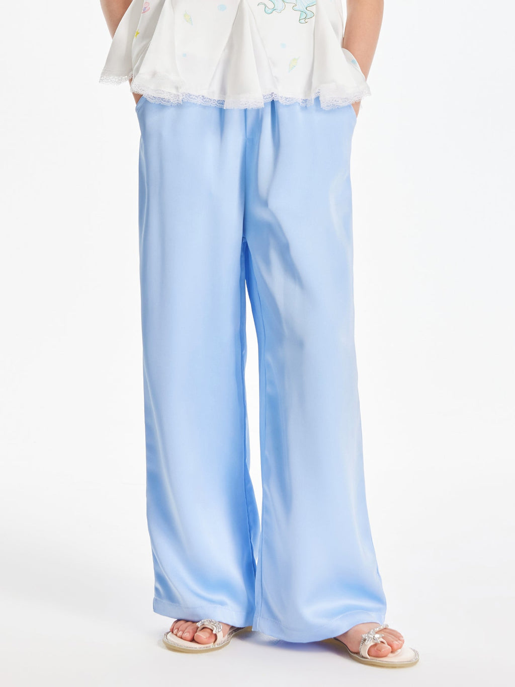 Girls Satin Wide Leg Pants Loose Sky Blue Trousers
