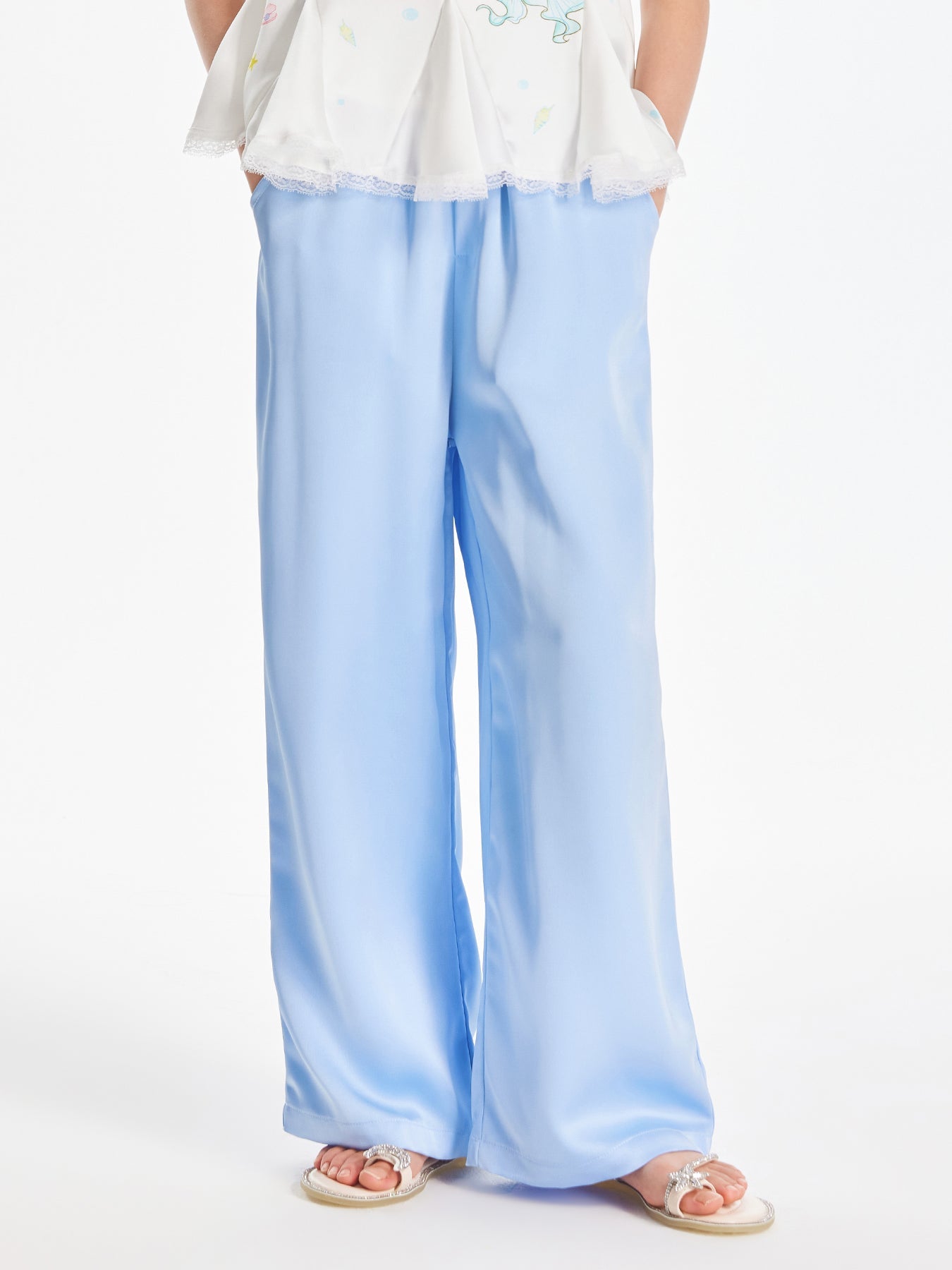 Girls Satin Wide Leg Pants Loose Sky Blue Trousers