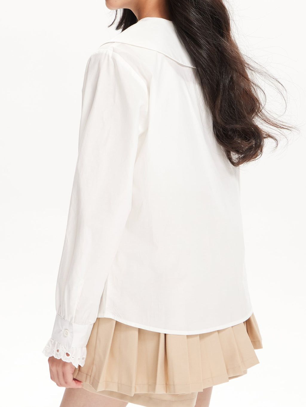 Girls White Lace Trim Long Sleeve Button Down Shirt