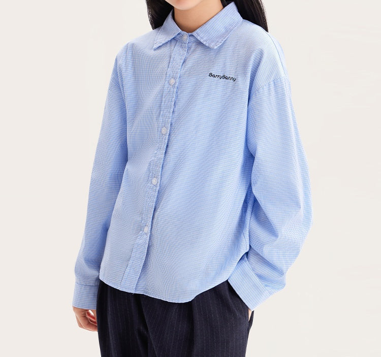 Girls Blue Cotton Long Sleeve Button Down Shirt
