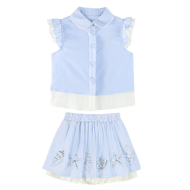 Girls Ruffle Sleeve Striped Blouse and Skirt Shorts