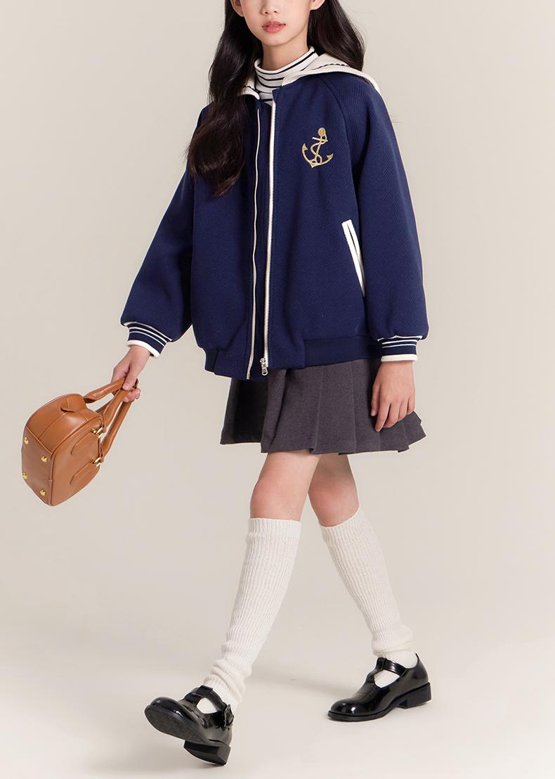 Girls Navy Sailor Collar Jacket Embroidered Casual Coat