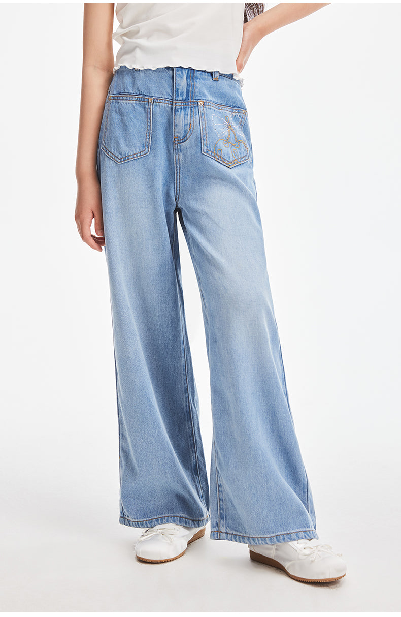 Girls High Waist Butterfly Embroidered Wide Leg Jeans