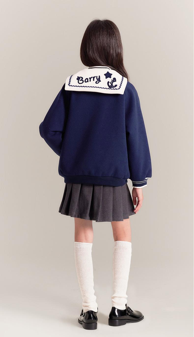 Girls Navy Sailor Collar Jacket Embroidered Casual Coat