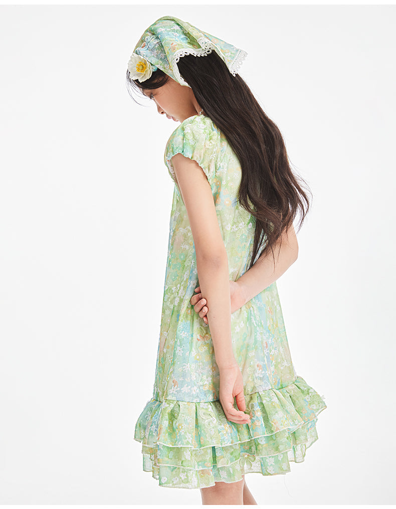 Girls Floral Puff Sleeve Holiday Dress with Scarf