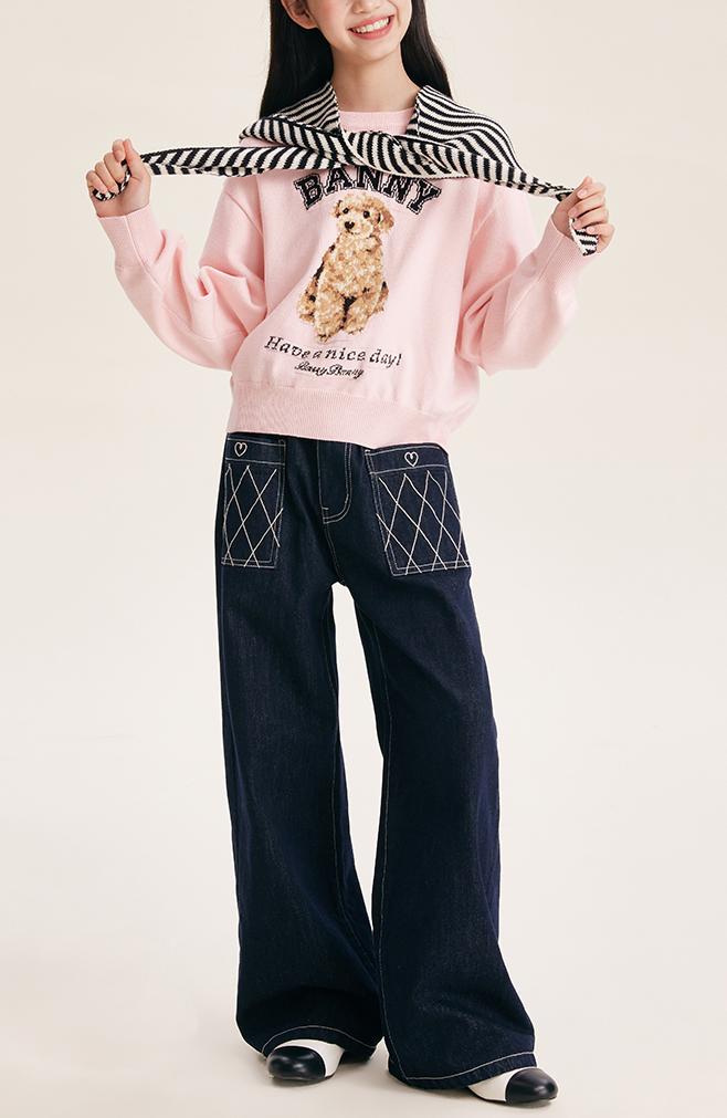 Girls' Wide Leg Denim Pants Dark Blue Casual Jeans