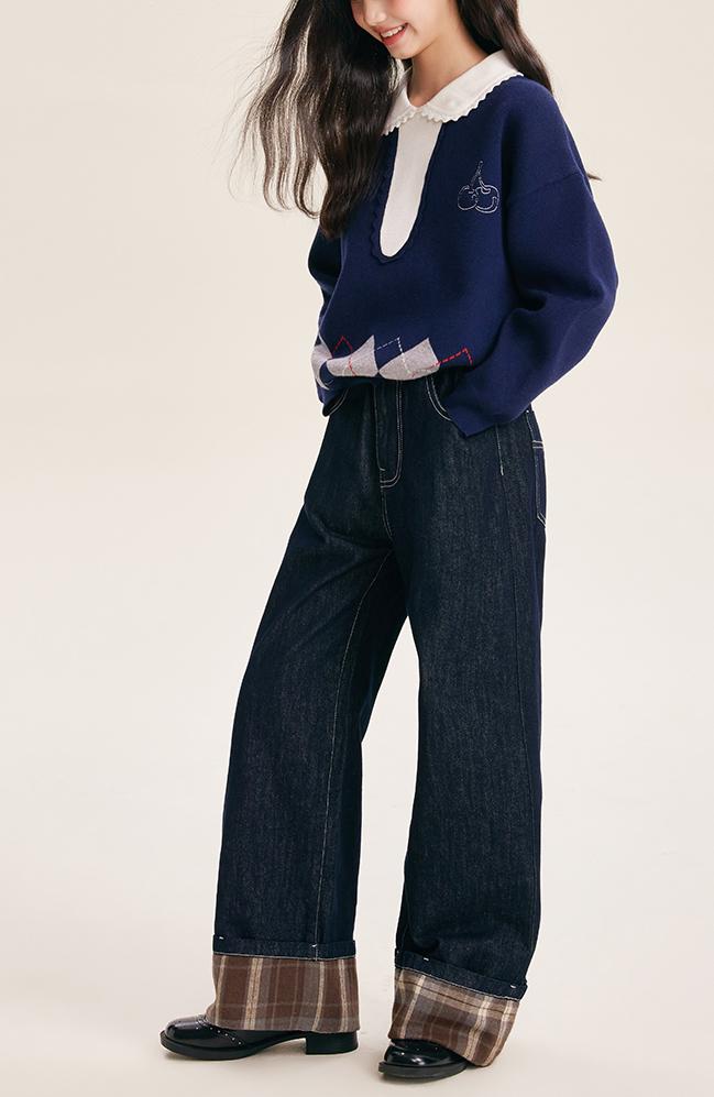 Girls' Fashion Wide Leg Pants Casual Plaid Cuff Jeans