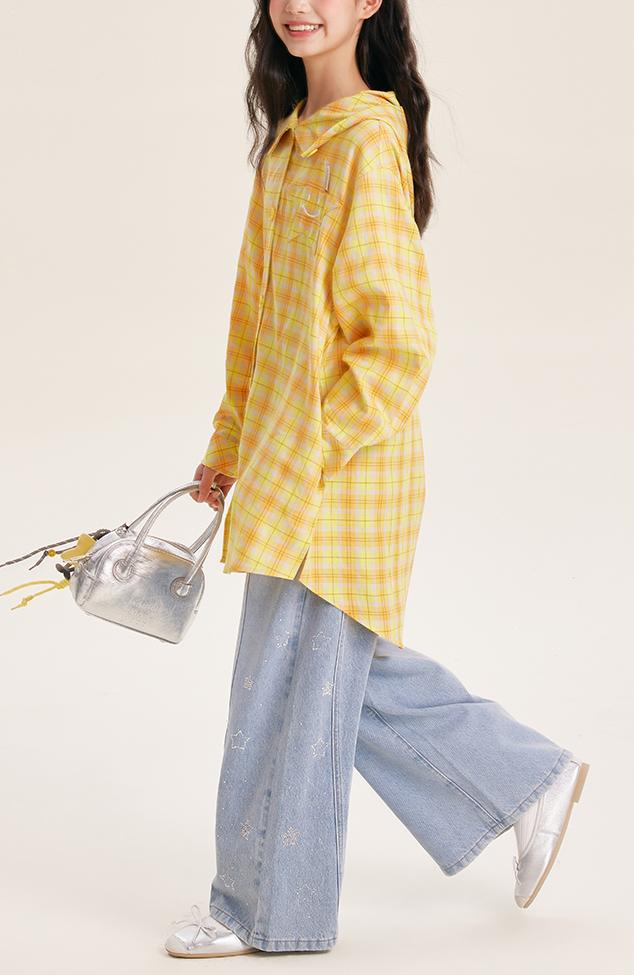 Girls Yellow Plaid Long Sleeve Loose Fit Shirt