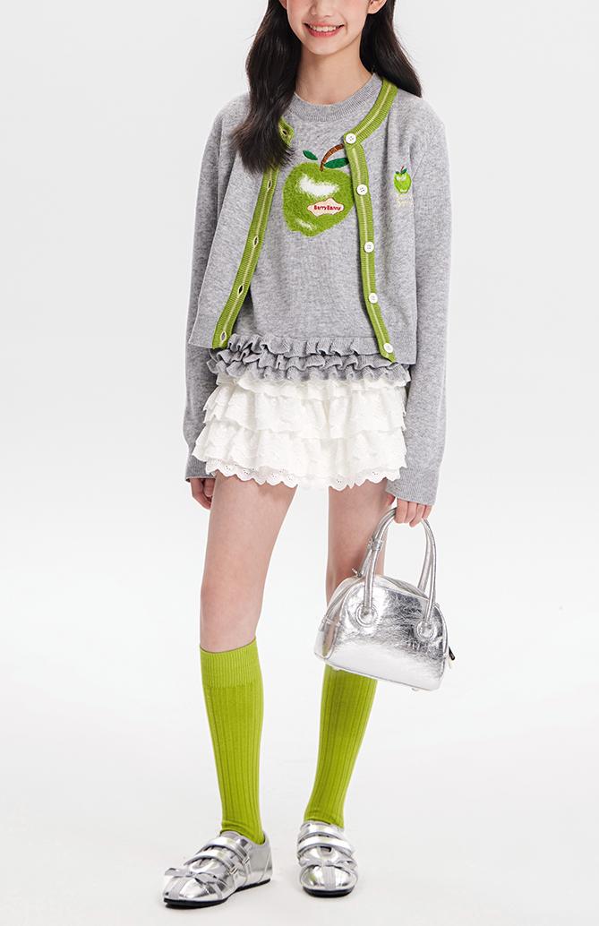 Girls Knit Cardigan Sweater with Apple Embroidery