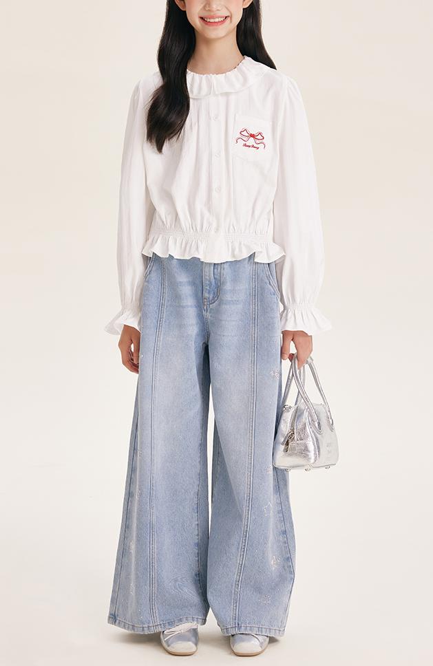 Girl's Wide Leg Star Print Denim Jeans Casual Pants