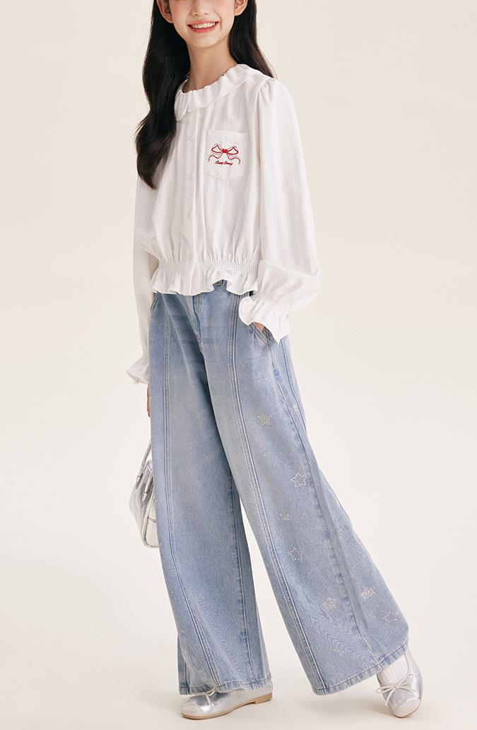 Girl's Wide Leg Star Print Denim Jeans Casual Pants