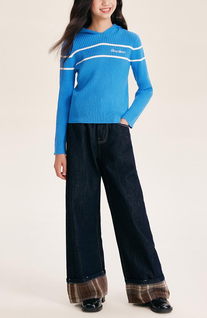 Girls' Fashion Wide Leg Pants Casual Plaid Cuff Jeans