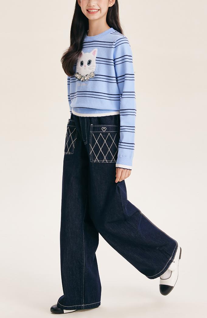 Girls' Wide Leg Denim Pants Dark Blue Casual Jeans