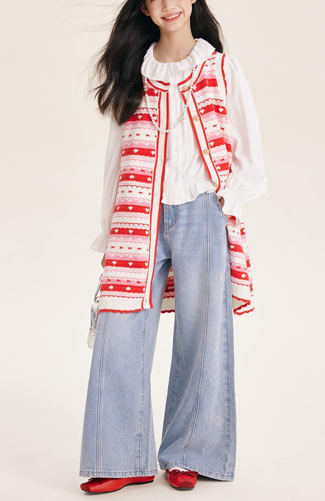Girl's Wide Leg Star Print Denim Jeans Casual Pants