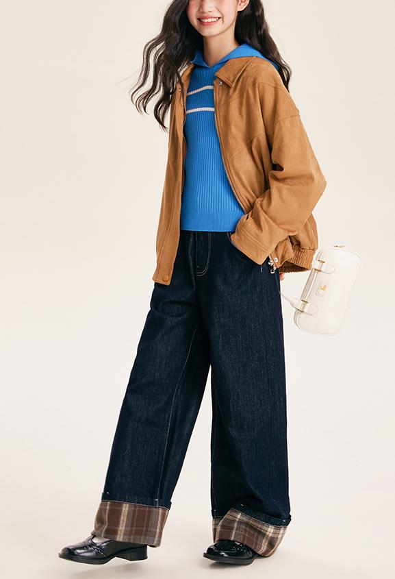 Girls' Fashion Wide Leg Pants Casual Plaid Cuff Jeans