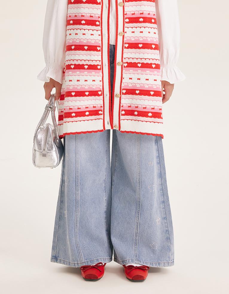 Girl's Wide Leg Star Print Denim Jeans Casual Pants