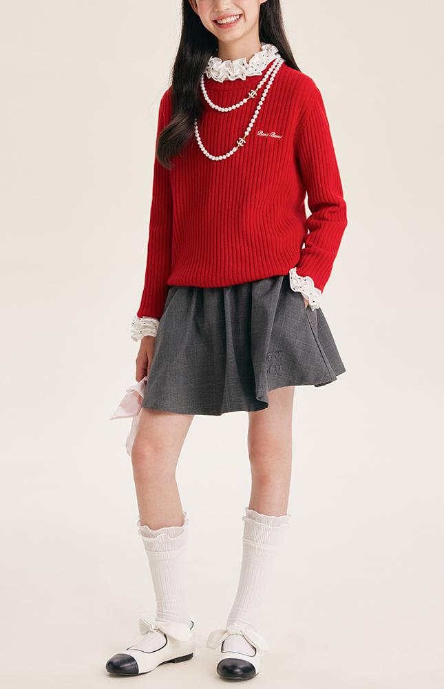 Girl's Solid Color Knit Sweater Crew Neck Pullover