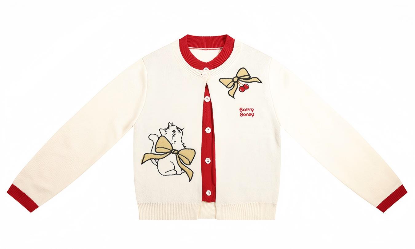 Charming Cat Knitted Cardigan & Red Plaid Pleated Skirt Set for Girls