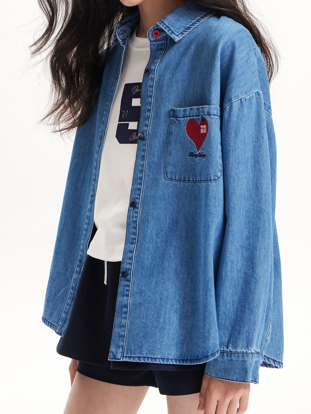 Girls Denim Heart Embroidered Shirt Jacket – Blue Classic
