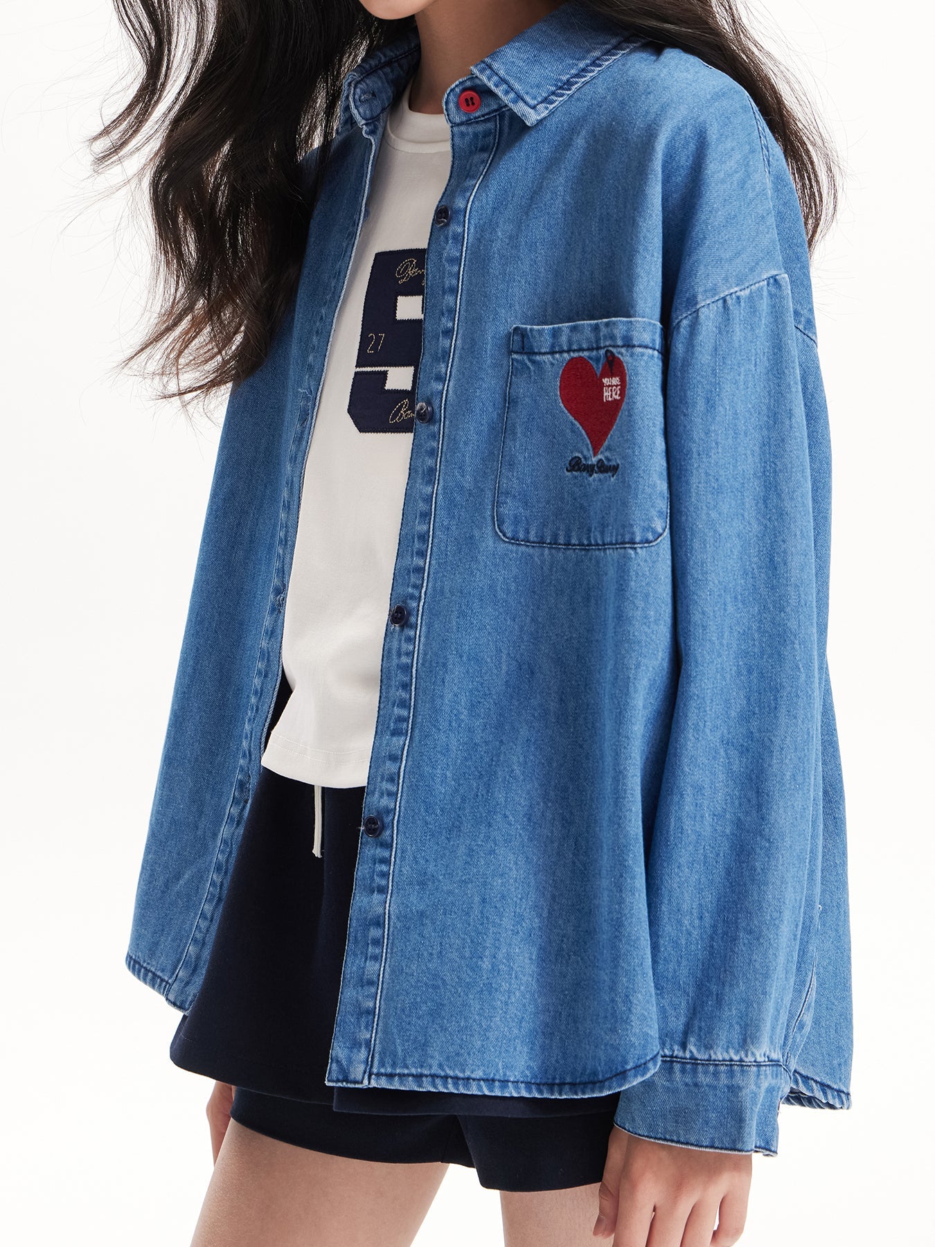 Girls Denim Heart Embroidered Shirt Jacket – Blue Classic