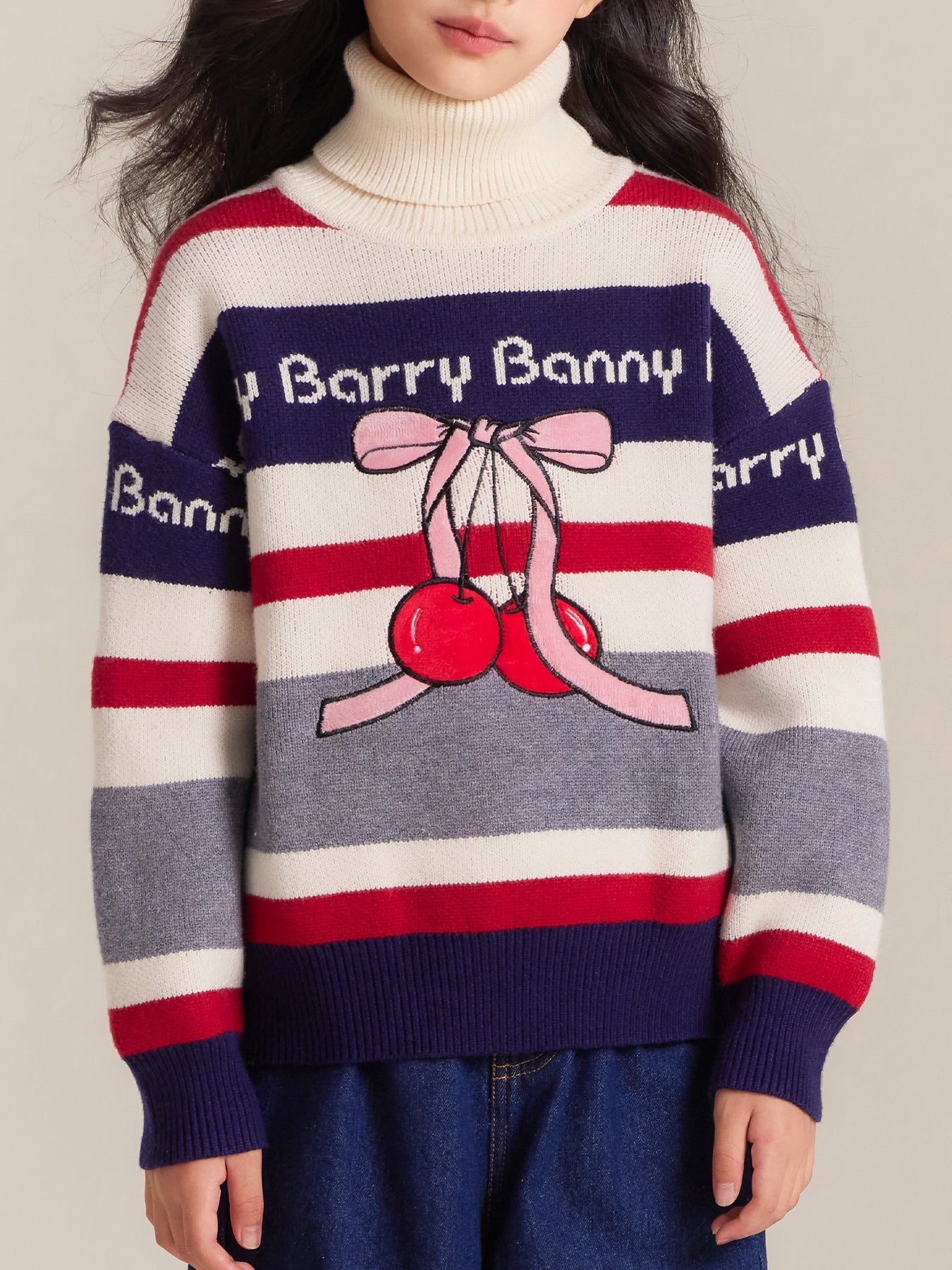 Girls Turtleneck Striped Sweater with Cherry Design
