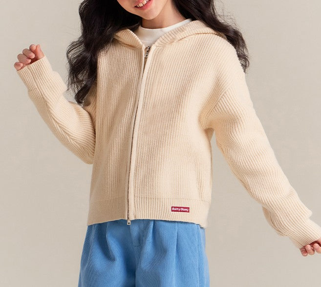 Girls Knit Hoodie with Flower Embroidery