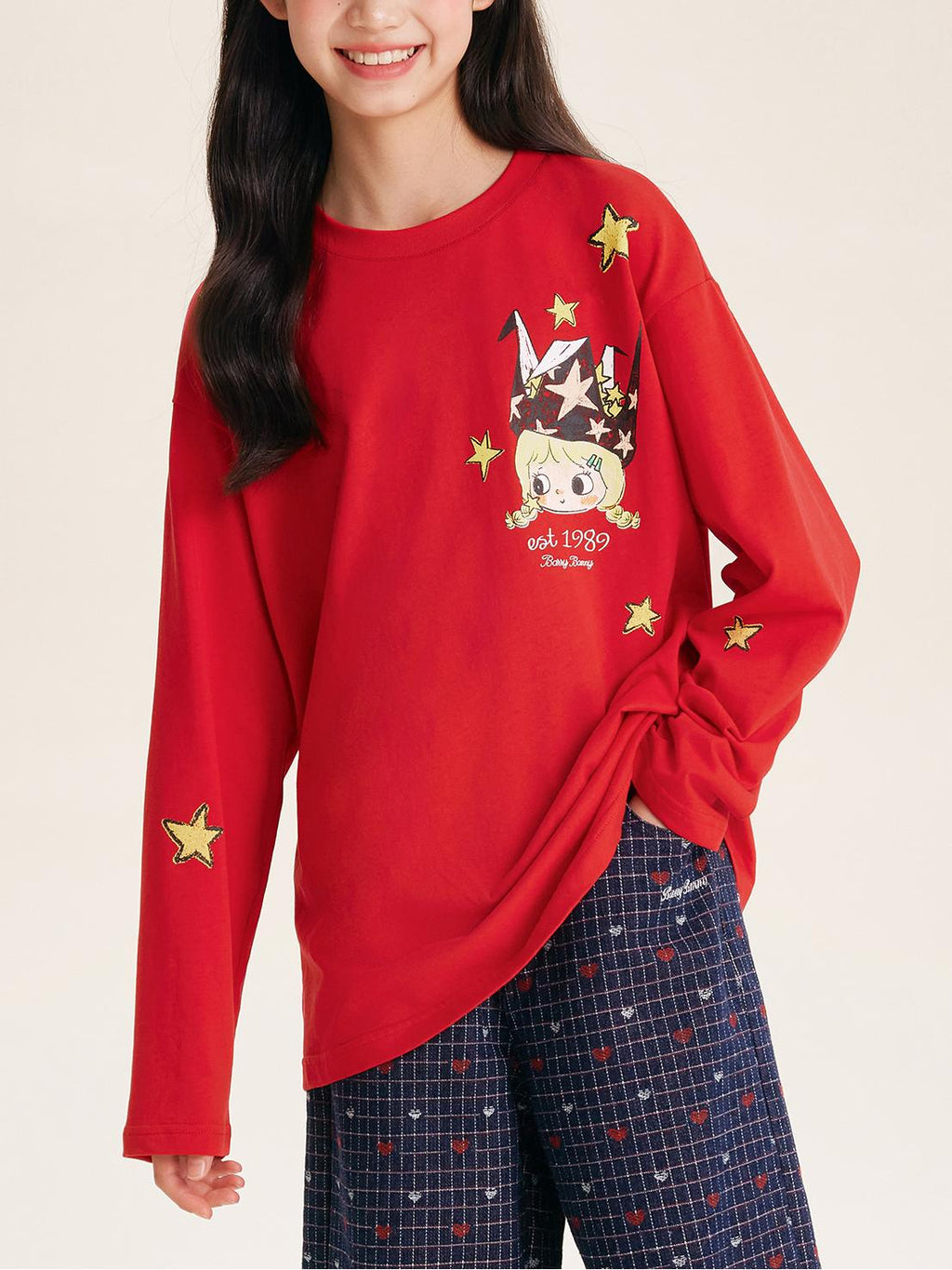 Girls Red Pullover Crewneck Cotton Long Sleeve Top
