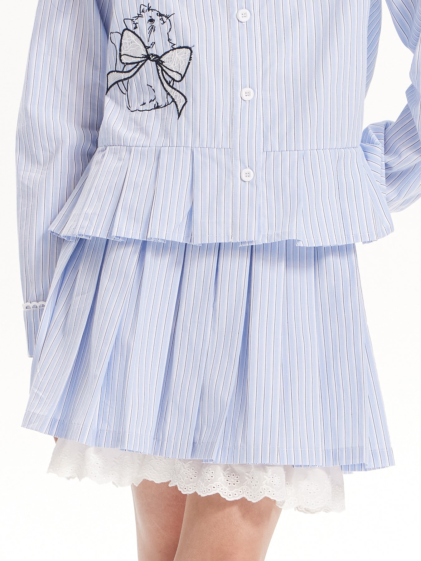 Girls Striped Doll Collar Embroidered Cat Set