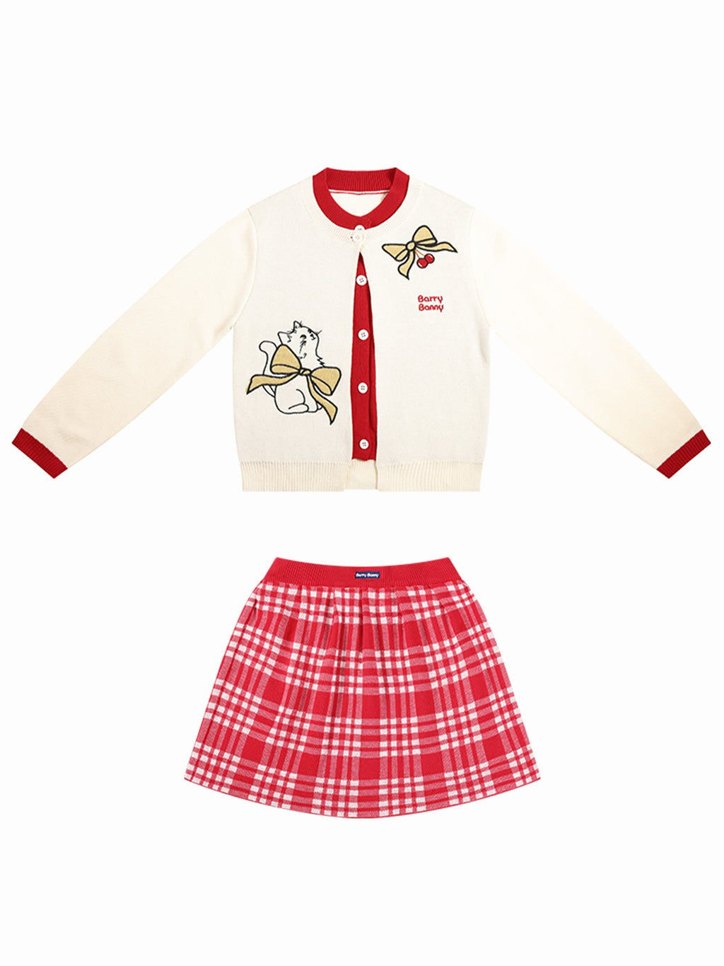Charming Cat Knitted Cardigan & Red Plaid Pleated Skirt Set for Girls