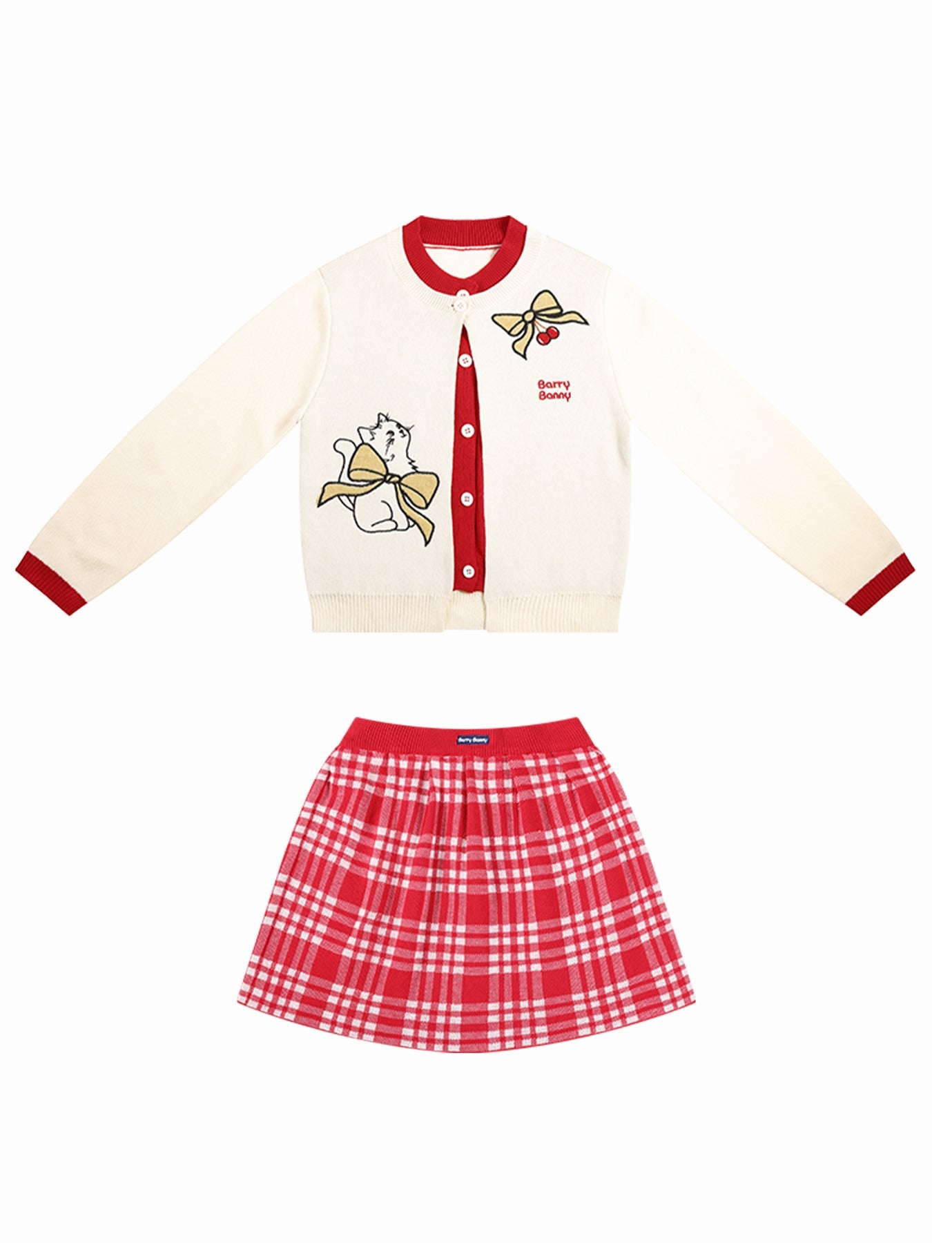 Charming Cat Knitted Cardigan & Red Plaid Pleated Skirt Set for Girls