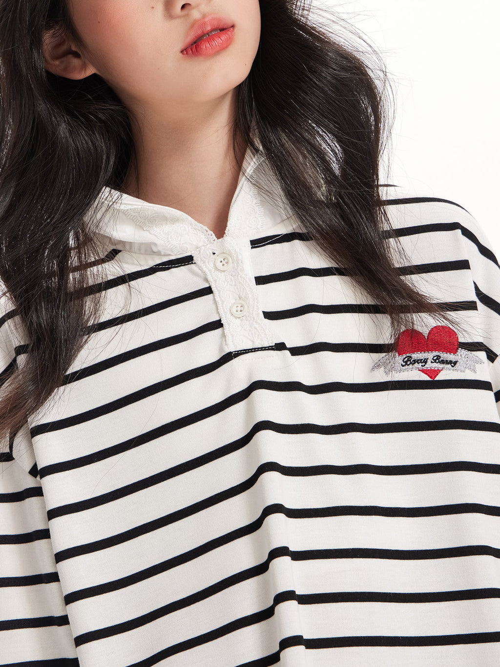 Heart Striped Hoodie with Lace Detail - Girls' Classic T-Shirt