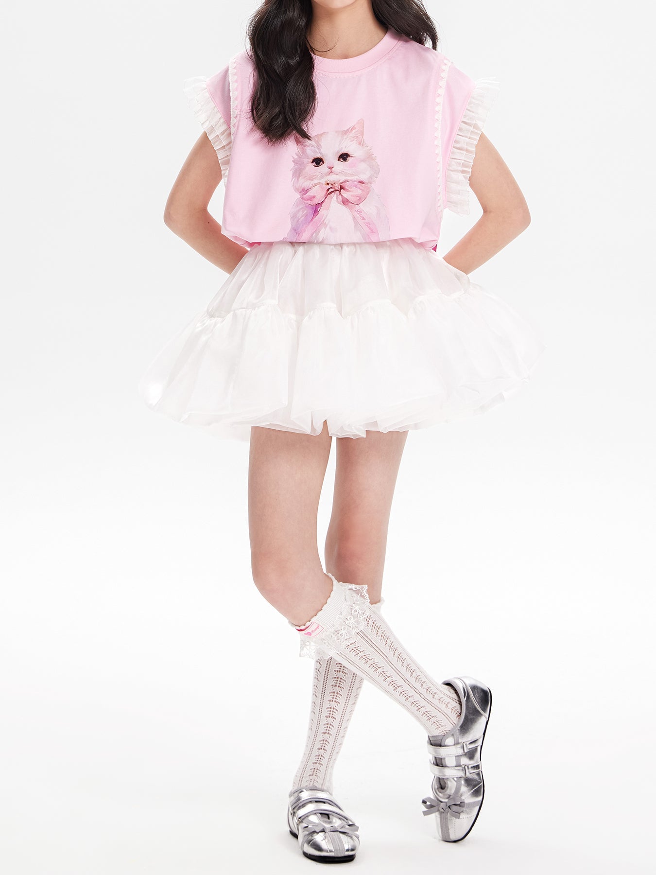 Girls White Princess Layered Tulle Ruffle Skirt