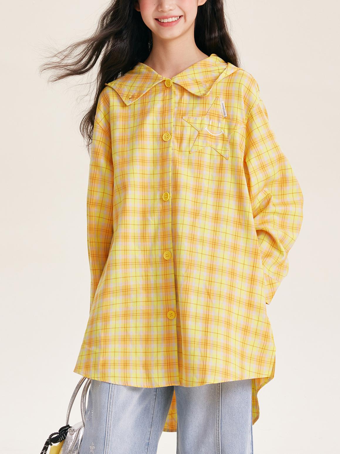 Girls Yellow Plaid Long Sleeve Loose Fit Shirt