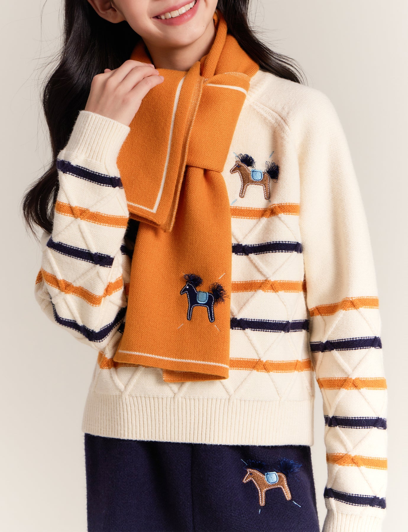 Girls Argyle Stripe Knit Sweater with Horse Embroidery