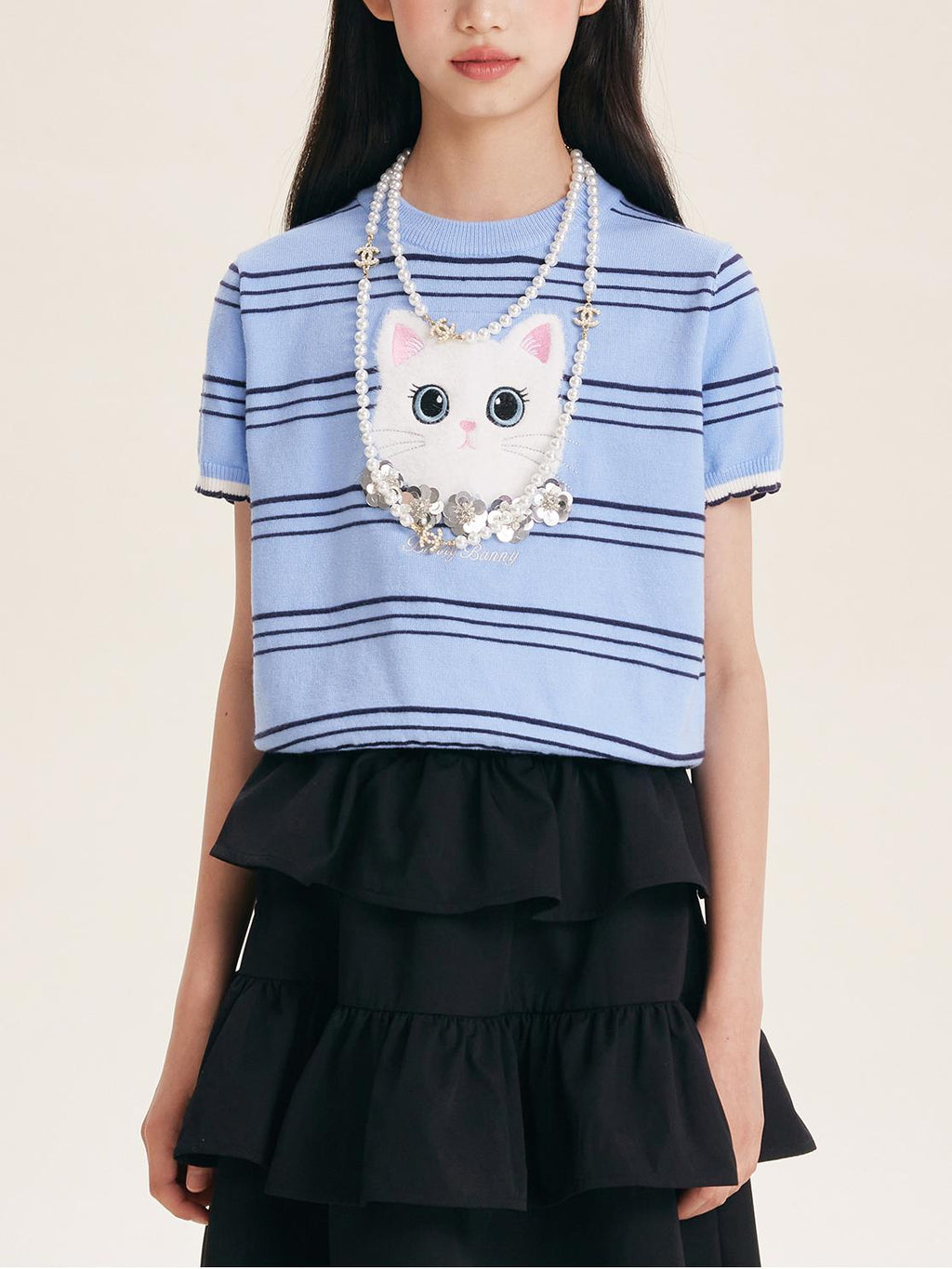 Girls Cartoon Cat Knit Top Short Sleeve Blue Tee