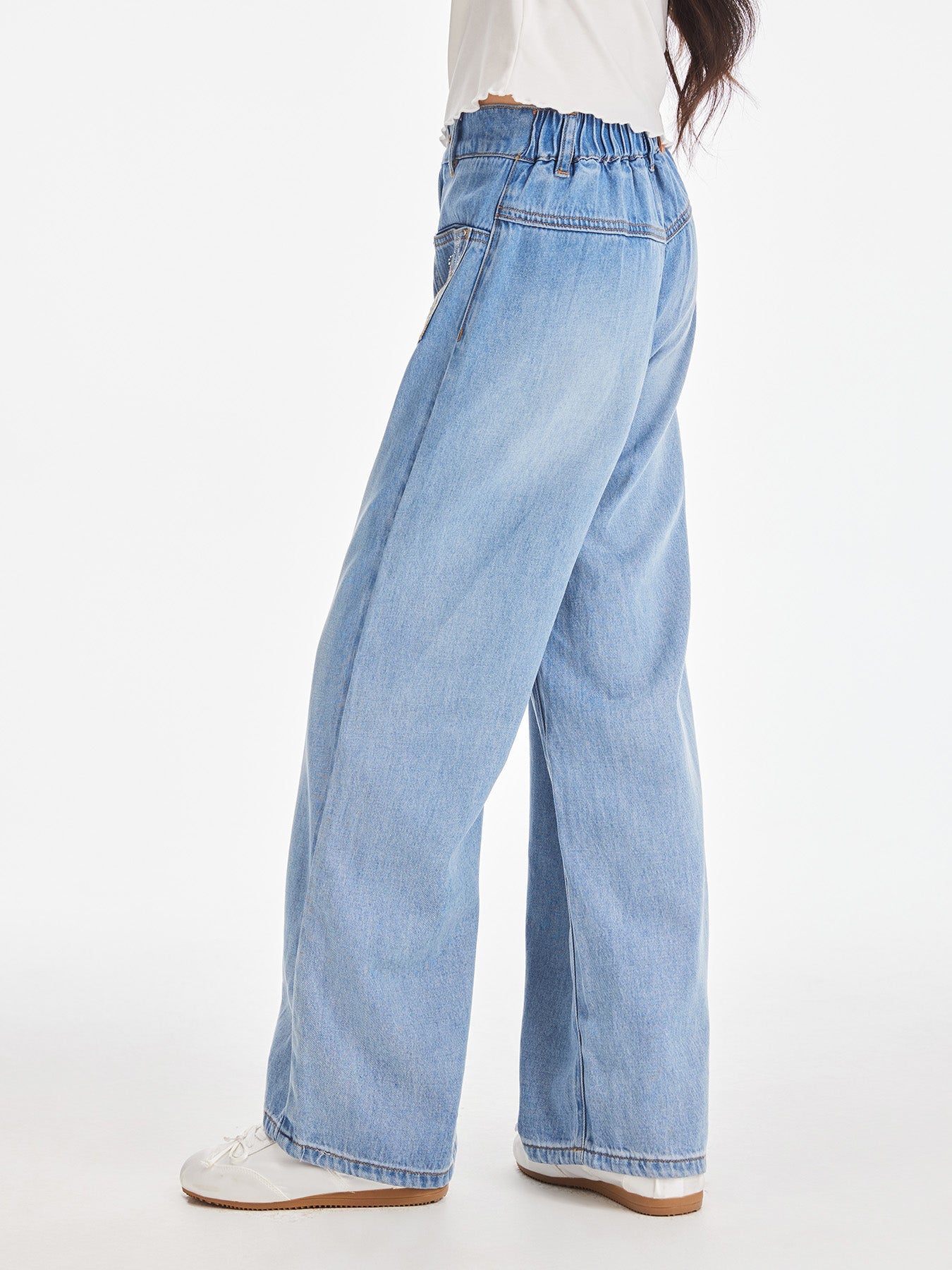 Girls High Waist Butterfly Embroidered Wide Leg Jeans