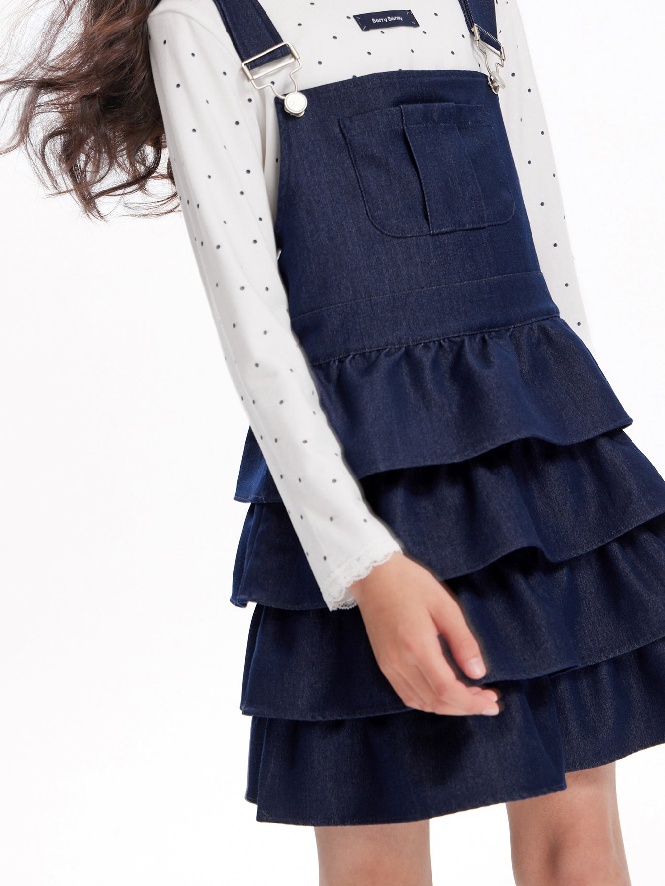 Girls Denim Layered Ruffle Overall Dress Adjustable