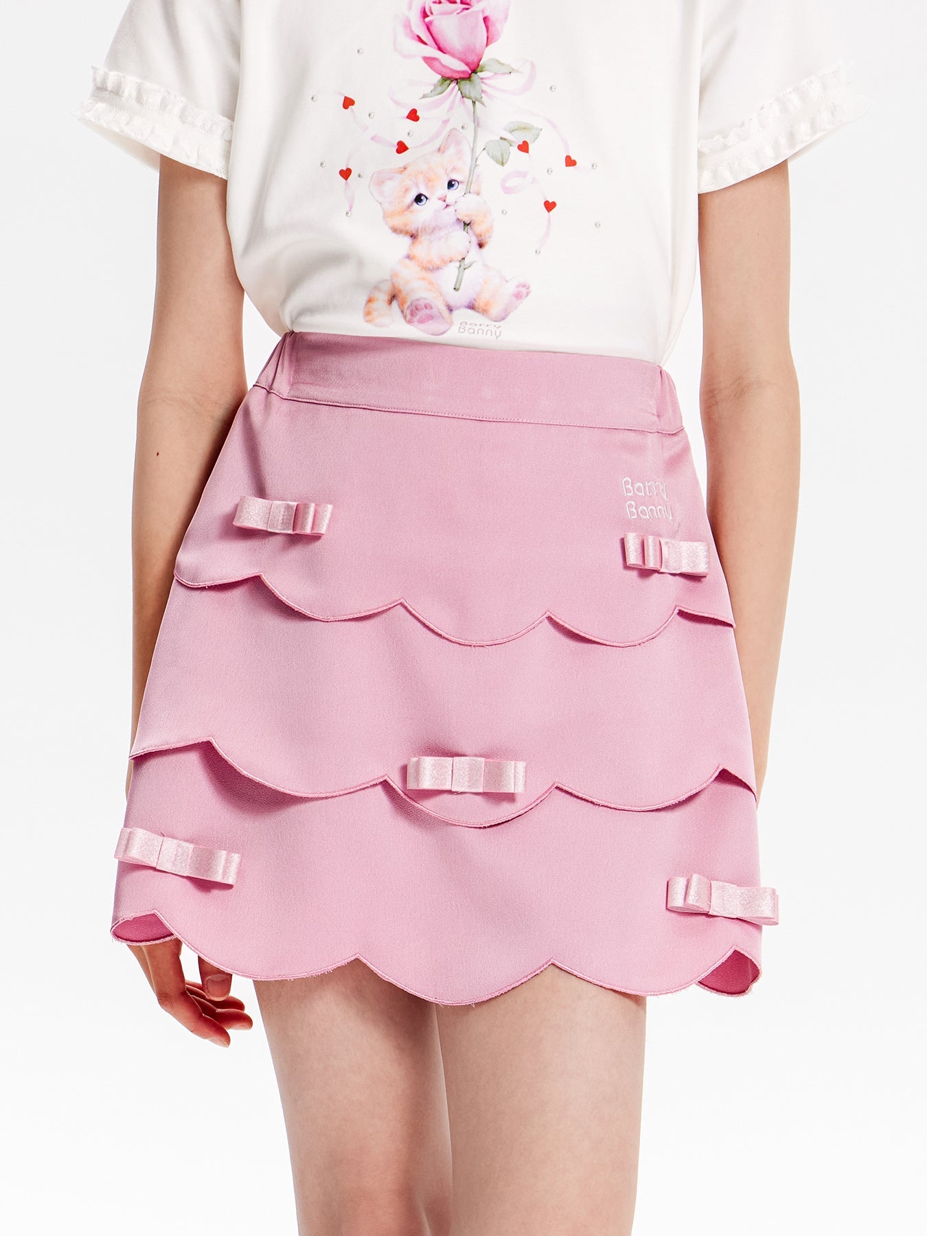 Girls Pink Layered Skirt with Satin Bow Ruffle Hem