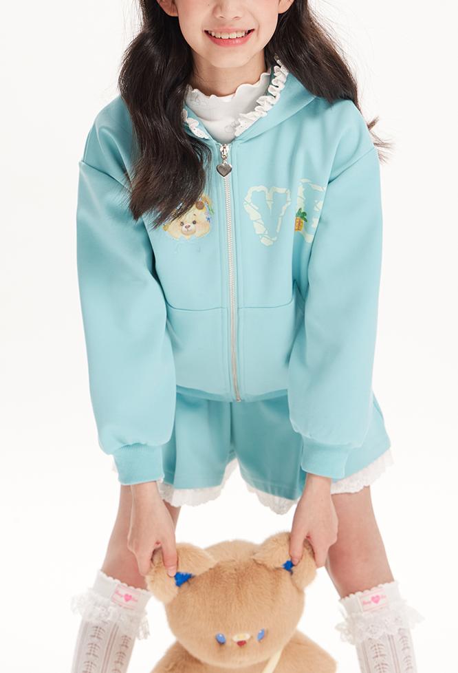 Girls Cartoon Hoodie and Lace Trim Shorts Two-Piece Set
