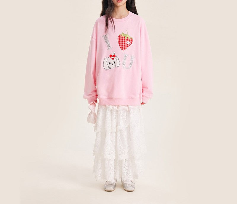 Dog & Strawberry Print Sweatshirt for Kids