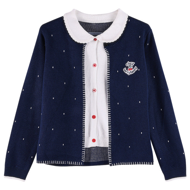 Girls Navy Knit Set with Peter Pan Collar