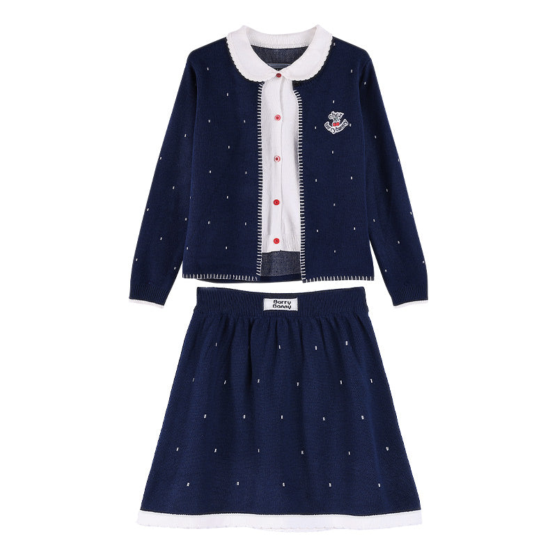 Girls Navy Knit Set with Peter Pan Collar
