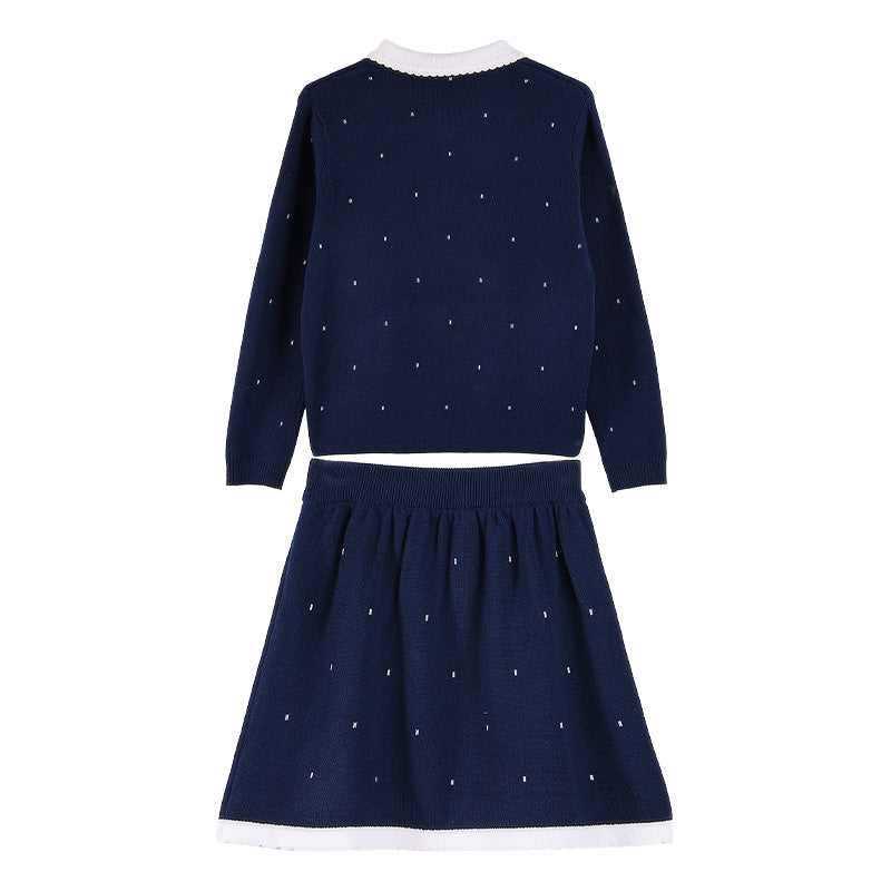 Girls Navy Knit Set with Peter Pan Collar