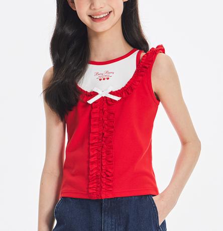 Girls Ruffle Trim Bow Sleeveless Summer Tank Top