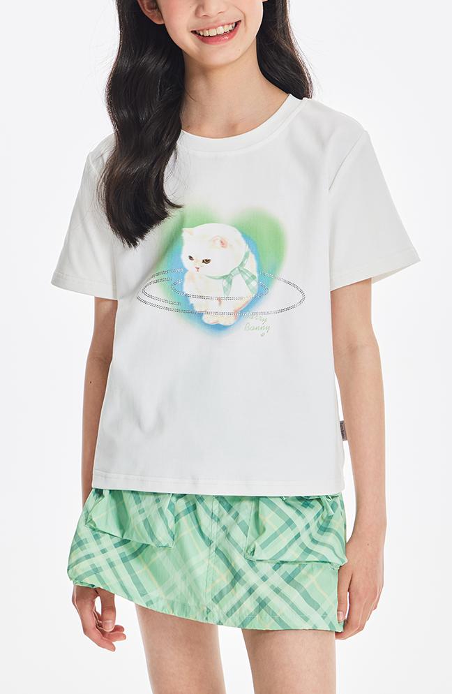Girls White Cat Print Graphic Short Sleeve T Shirt