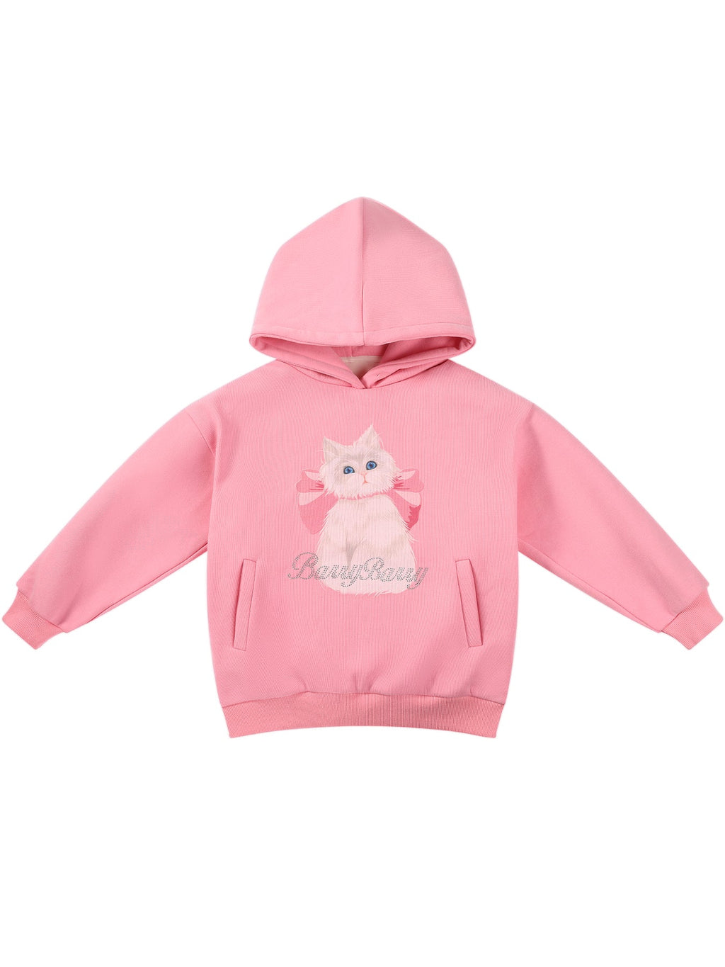 Girls Pink Hoodie with Cute Cat Print and Rhinestone Detail