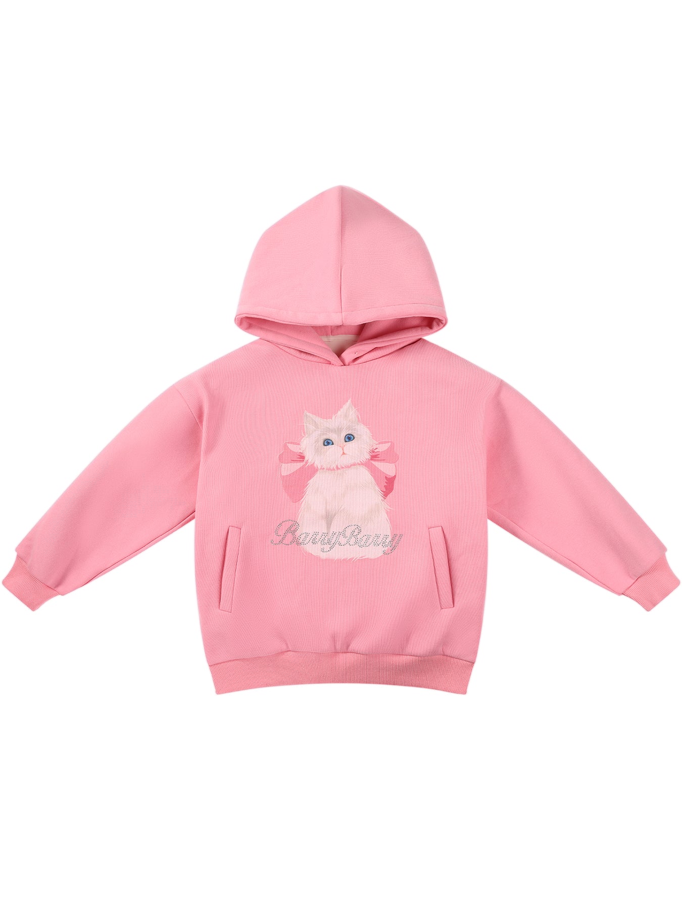 Girls Pink Hoodie with Cute Cat Print and Rhinestone Detail