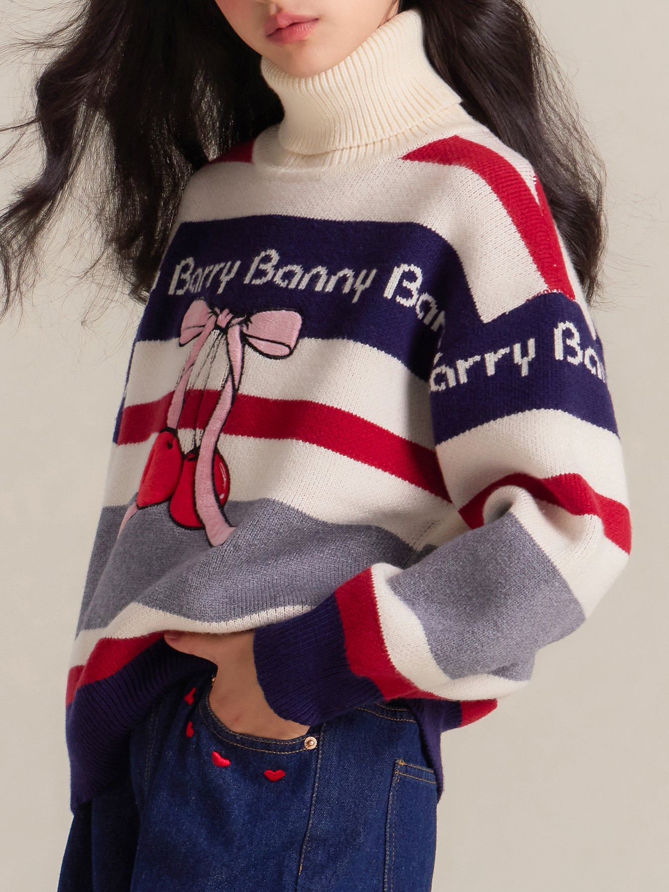 Girls Turtleneck Striped Sweater with Cherry Design