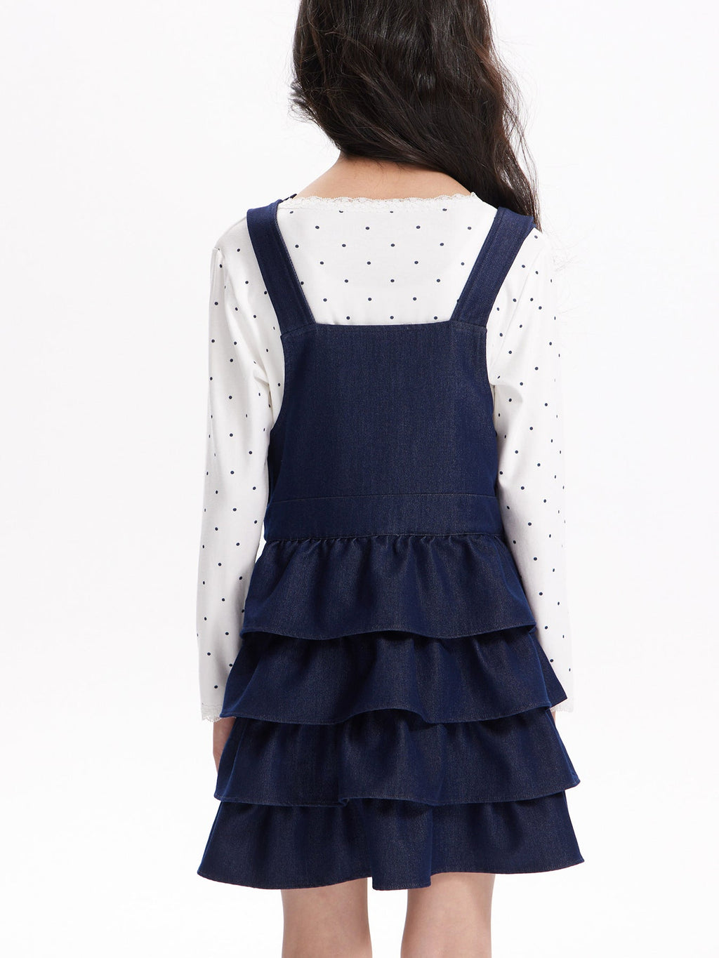 Girls Denim Layered Ruffle Overall Dress Adjustable