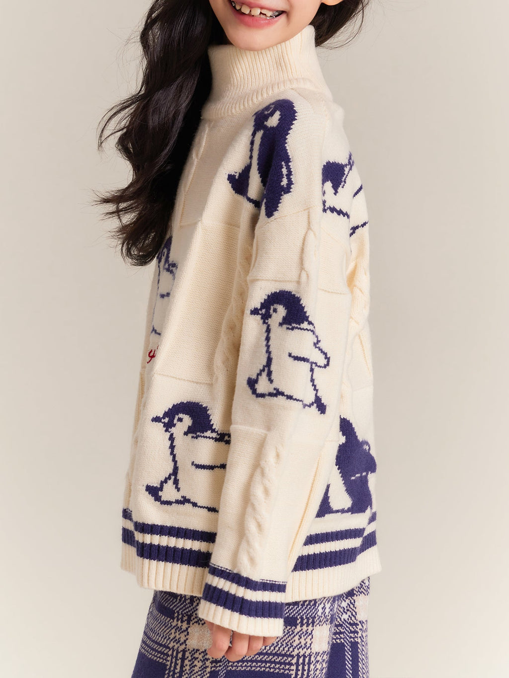 Kids Penguin Knit Sweater & Plaid Trousers Set